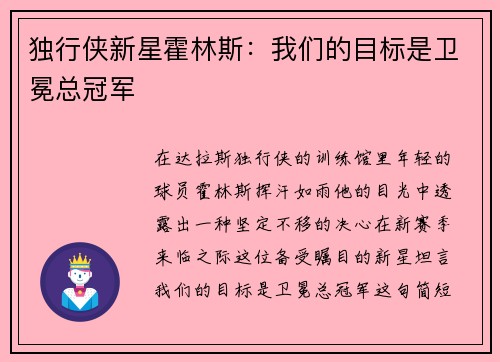 独行侠新星霍林斯：我们的目标是卫冕总冠军